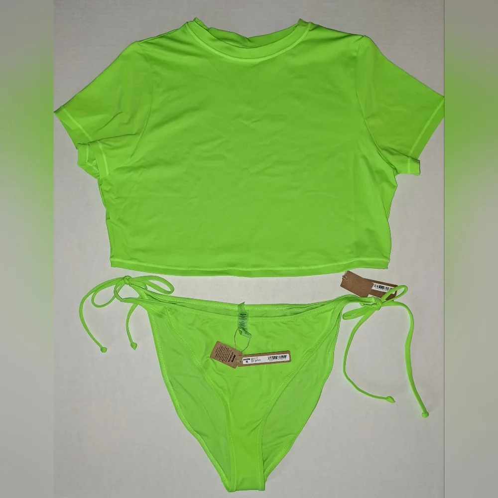 ❤️NWT SKIMS 2 Piece Swim T Shirt Top Dippy tie String Bikini Set NEON GREEN 3X